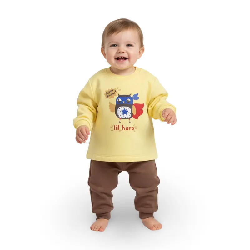 Baby Boys Cotton Pajama Set  Yellow/Brown with Lil Hero Owl Design