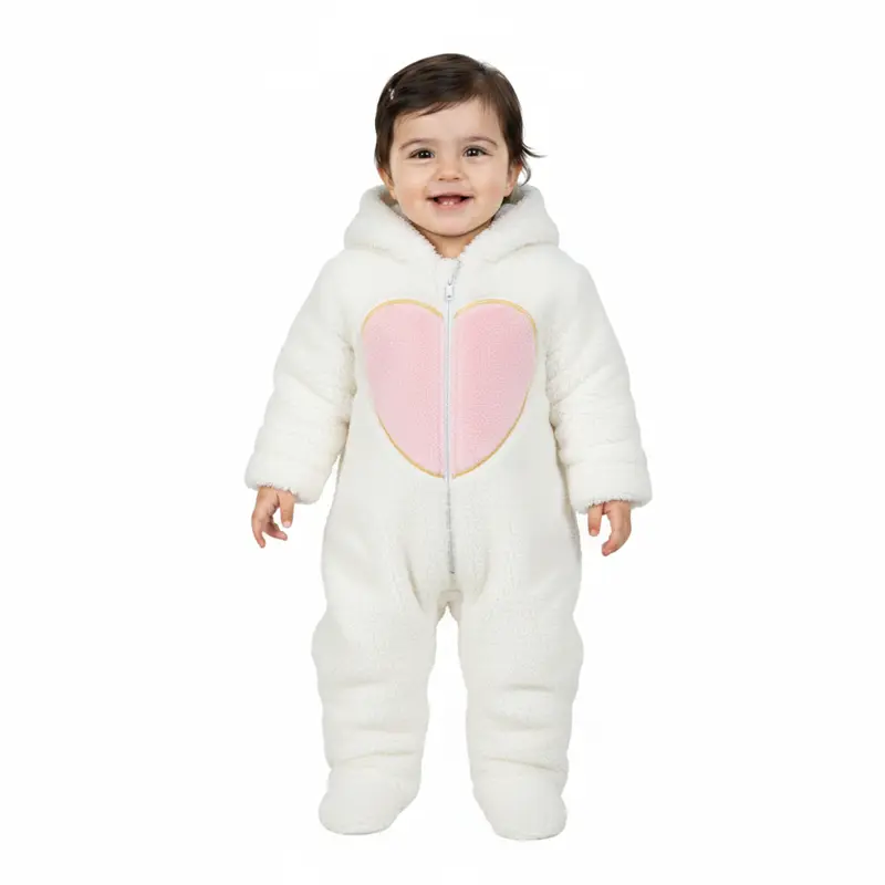Baby Girls Fleeced Baby Footie  Off-white with Pink Heart & Unicorn Hoodie Design