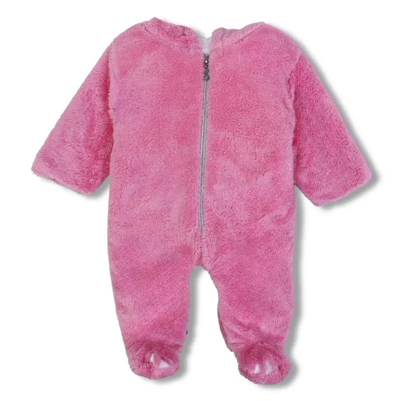 Baby Girls Fleeced Baby Footie  Pink with Bunny Face & Ears Hoodie Design