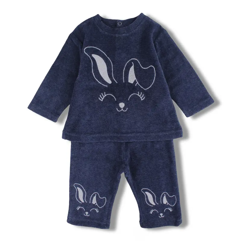 Baby Girls Plush 2-Piece Outfit Set  Navy with Bunny Eats Print