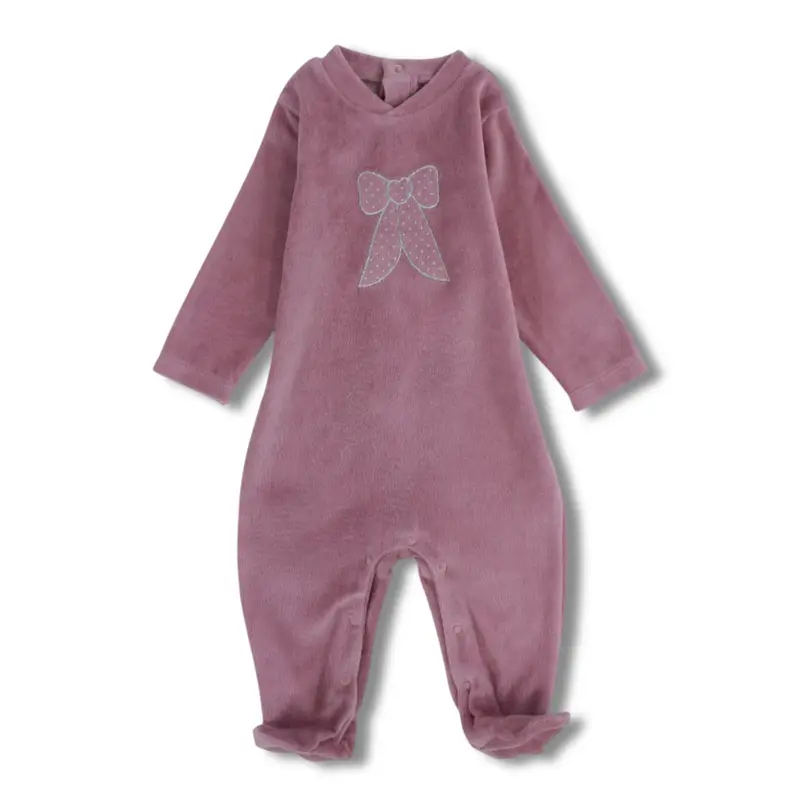 Baby Girls Velvet Baby Footie  Dusty Pink with Bow Design