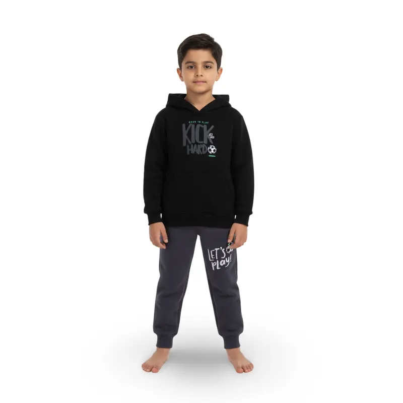 Boys Cotton Hooded Pajama Set  Black with Kick Hard Football Design