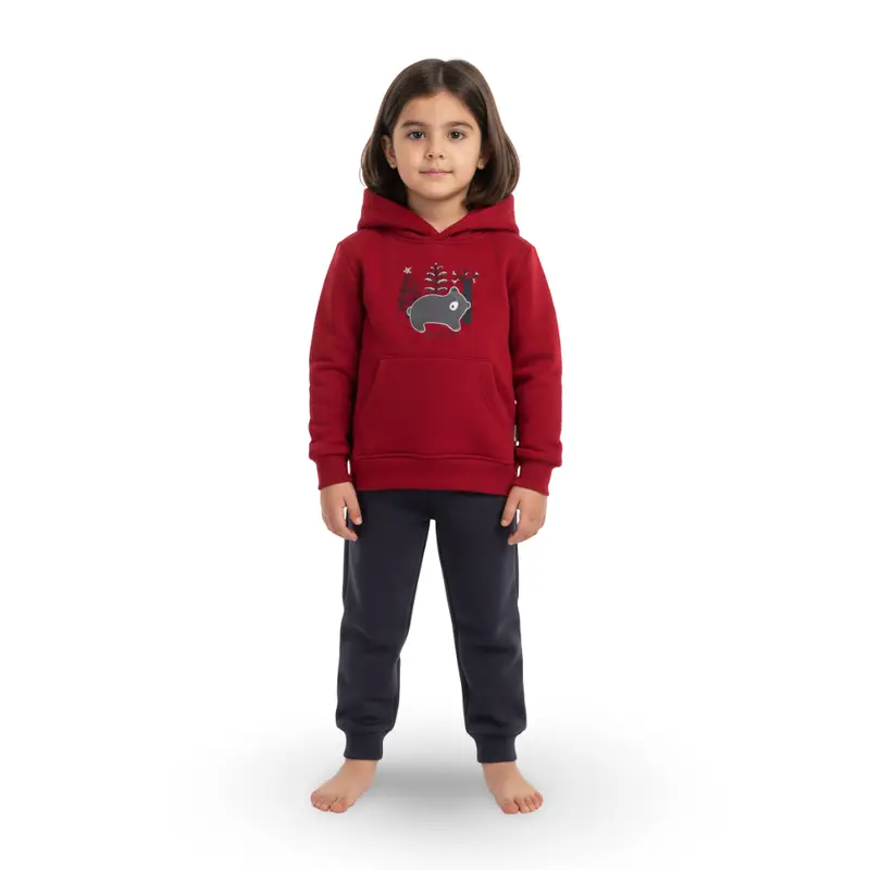 Boys Cotton Hooded Pajama Set  Red with a Cute Bear Design