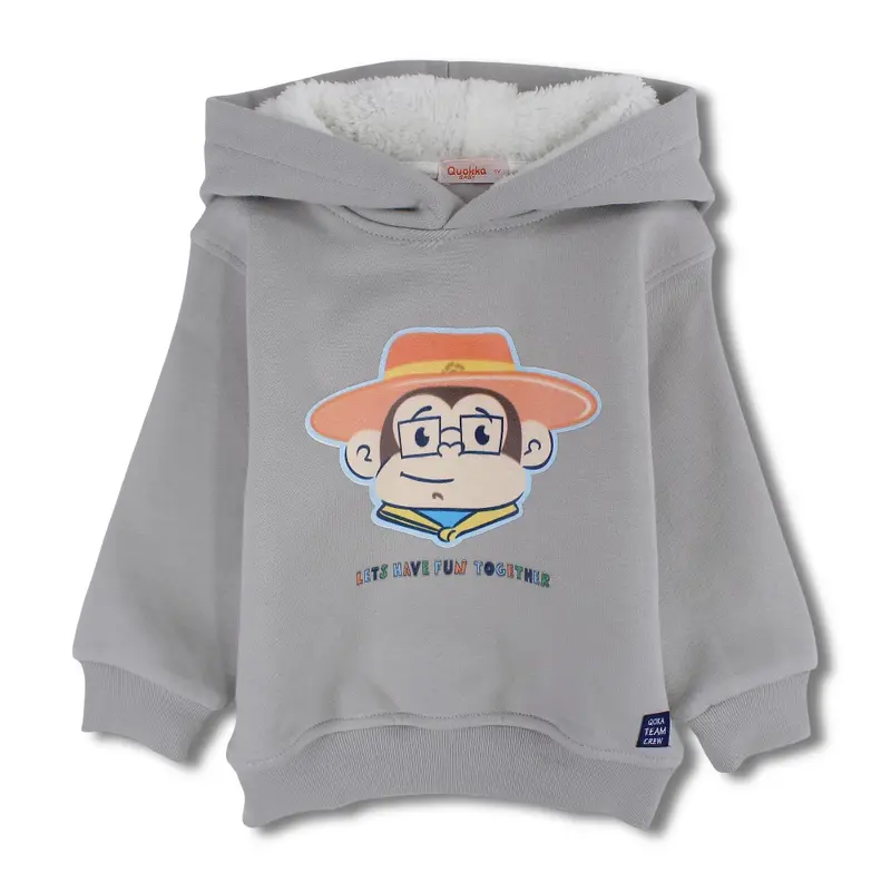 Boys Cotton Hoodie  Grey with Cartoon Face Design