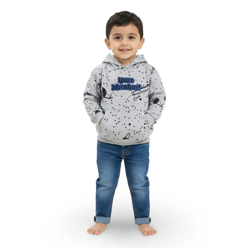 Boys Cotton Hoodie  Grey with Space Adventure Embroidery