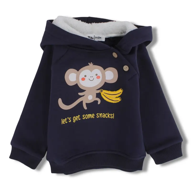 Boys Cotton Hoodie  Navy with Monkey & Bananas Print
