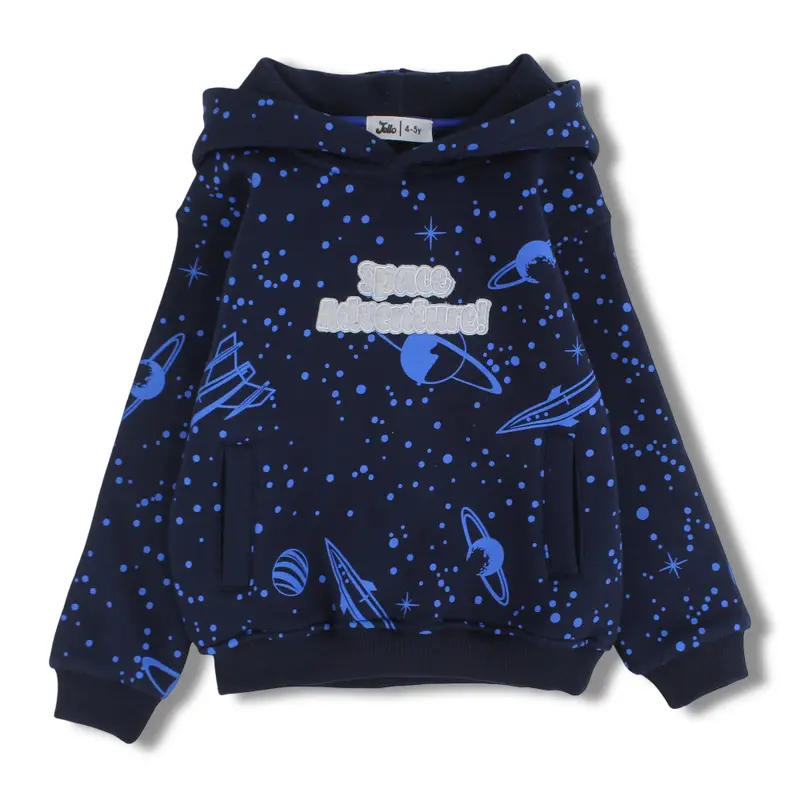 Boys Cotton Hoodie  Navy with Space Adventure Embroidery
