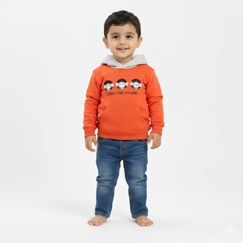 Boys Cotton Hoodie  Orange with Triple Monkey Print