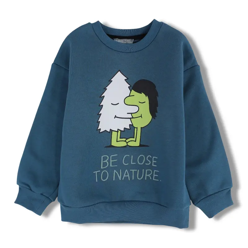 Boys Cotton Sweatshirt  Petroleum Blue with Be Close to Nature Print