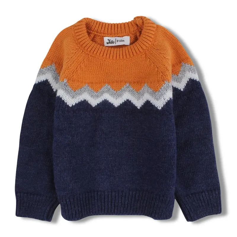 Boys Wool Pullover  Orange/Navy Chevron Knit Design