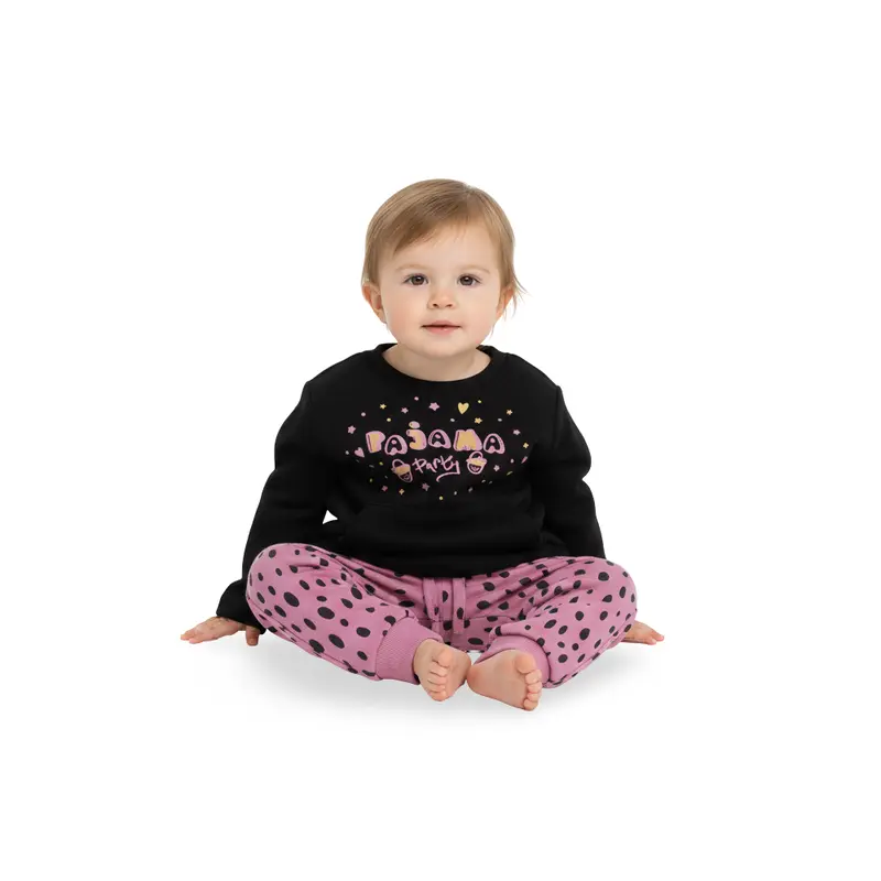 Girls Cotton Pajama Set  Black/Pink  with Pajama Party Design