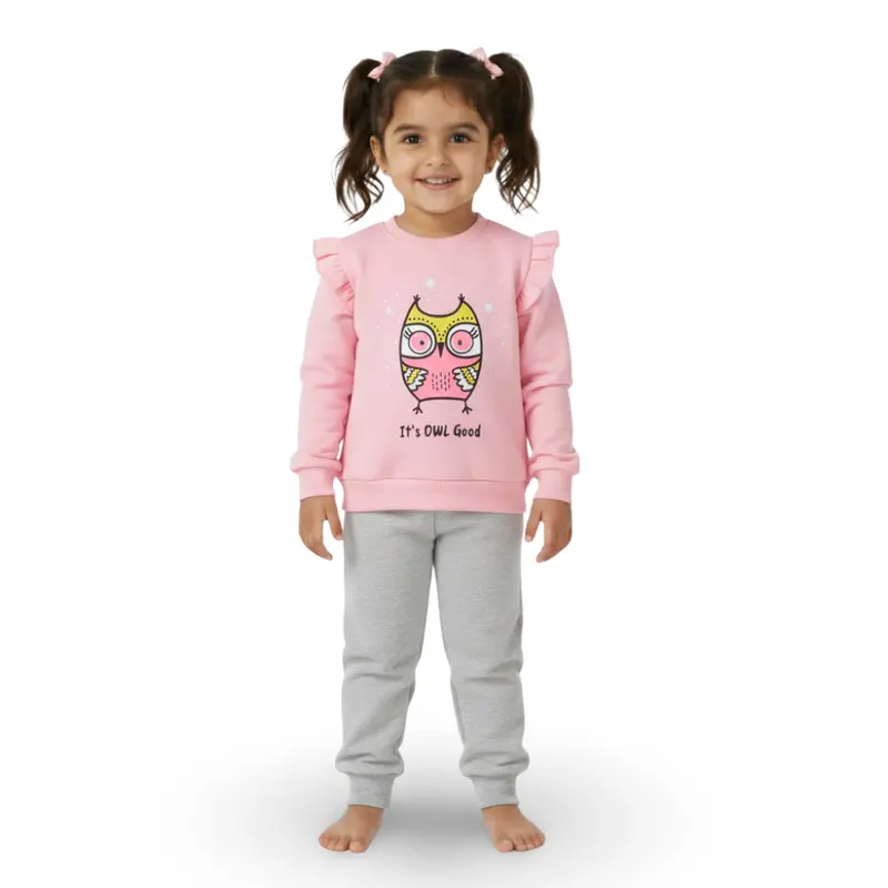 Girls Cotton Pajama Set  Pink with Owl Print