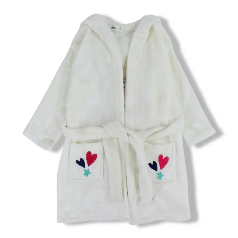 Girls Velvet Robe  Off-white with Unicorn & Hearts Design
