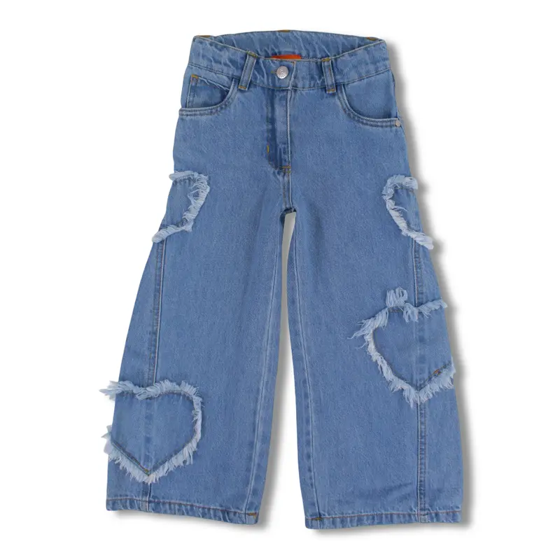 Girls Wide Leg Denim Pants - Hearts Design