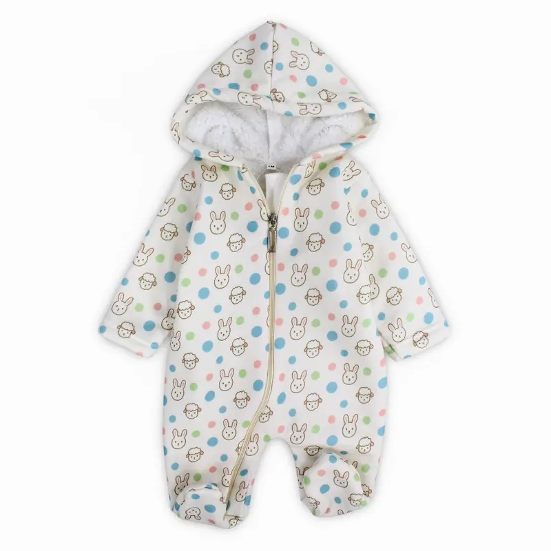 Unisex Baby Cotton Hooded Baby Footie  Off-Whith with Sheep and Bunny Print