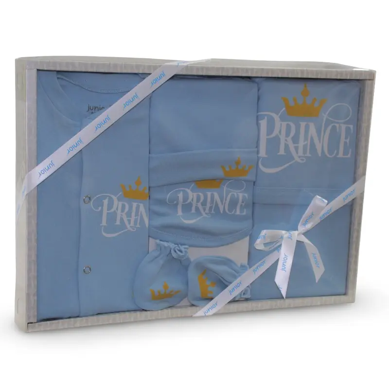 Baby Boys Cotton Gift Clothes Box  5-Piece Crown Prince Set in Light Blue