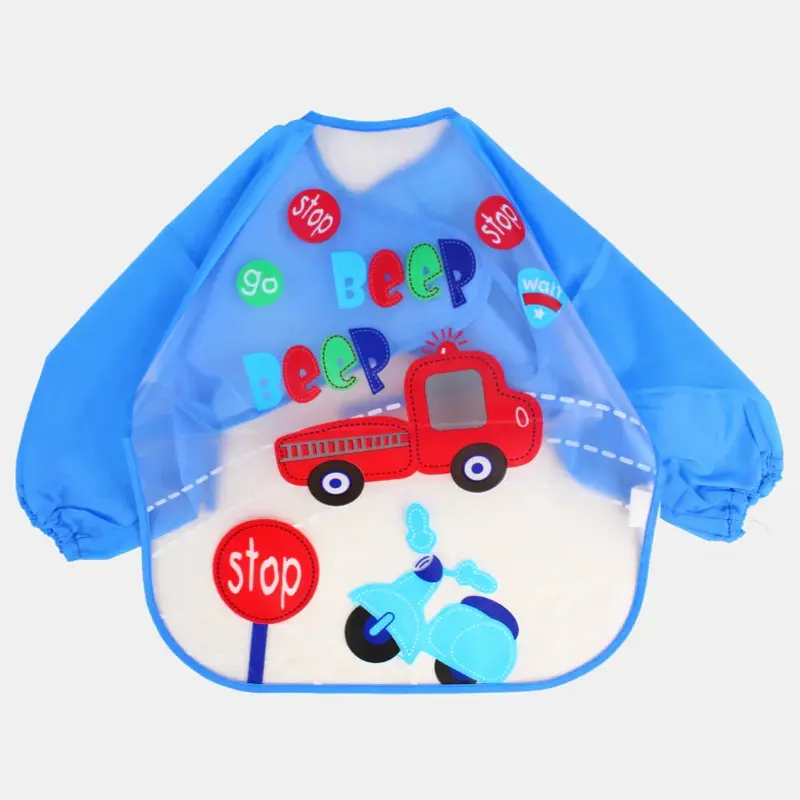 Baby Long-Sleeved Bib  Blue with Red Car Beep Design