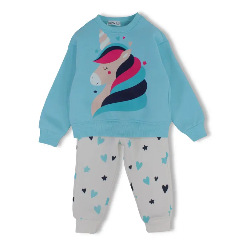 Girls Cotton Pajama Set  Aqua with Unicorn Print