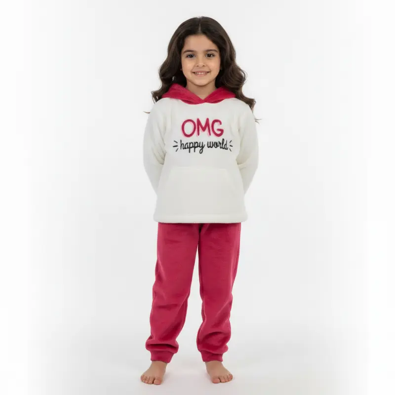 Girls Velvet Pajama Set  Off-White & Fuchsia with OMG Happy World Design