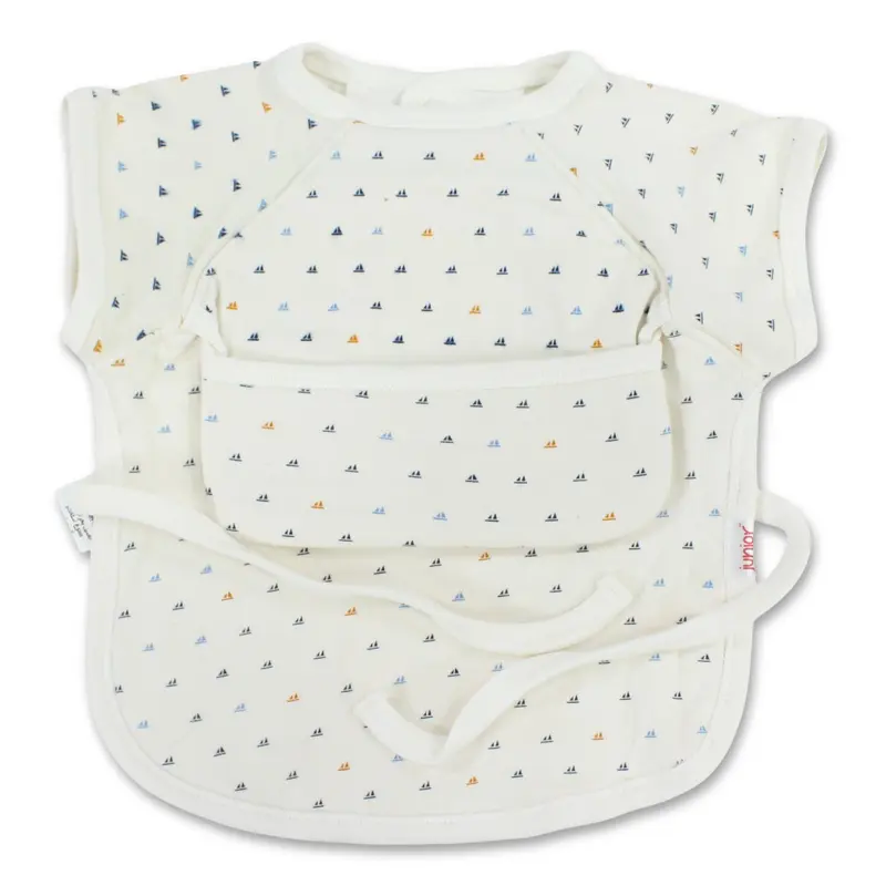 Baby Cotton Bib  Off-White with Sailboat Print