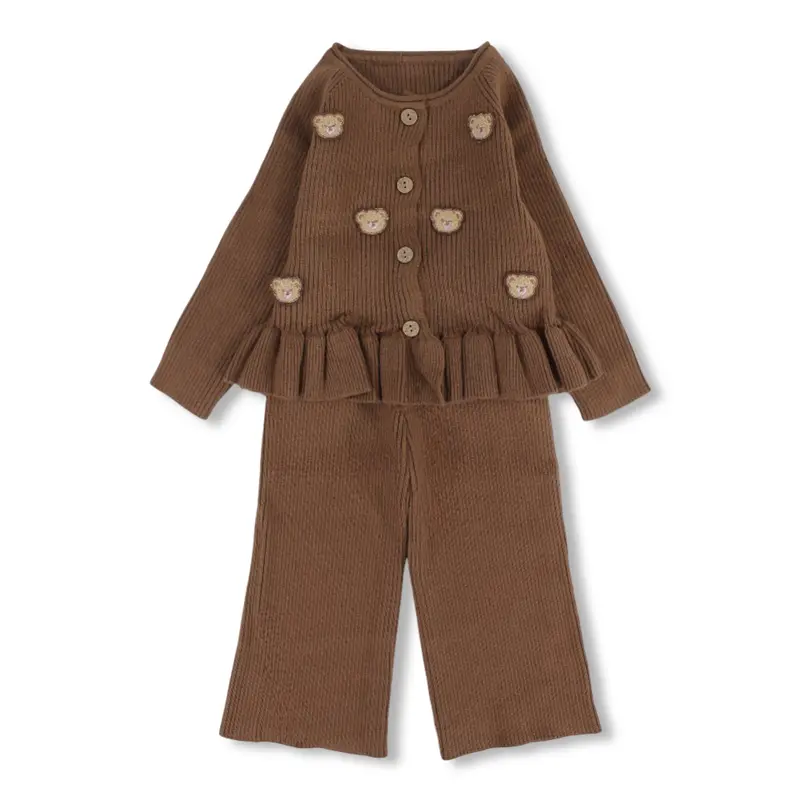 Girls Wool 2-Piece Outfit Set  Brown with Teddy Bear Details
