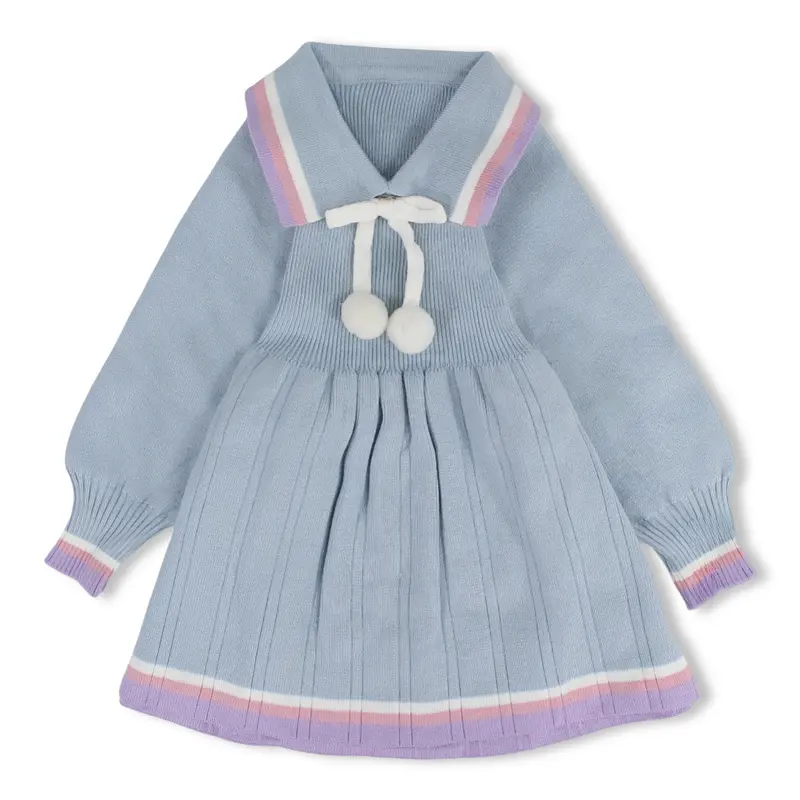 Girls Wool Knit Dress - Baby Blue with Pom-Pom Tie