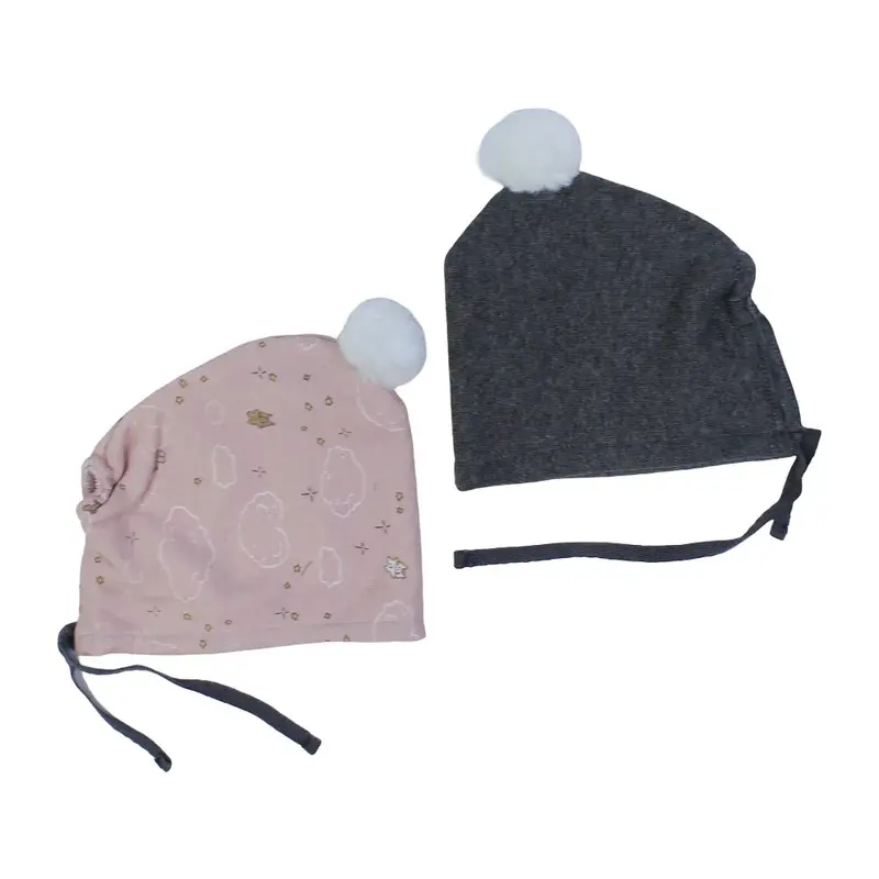 Pack of 2  Baby Girls Cotton Beanie  Pink & Grey with Stars & Clouds Design