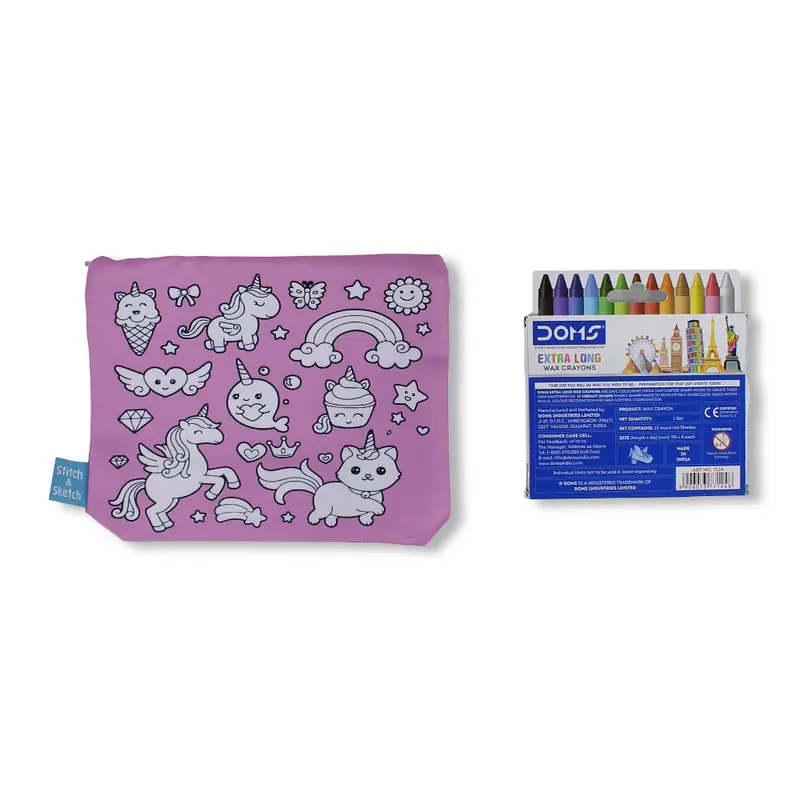 Unicorn Coloring Pencil Case with Extra Long Wax Crayons 12 Colours + 1 Silver