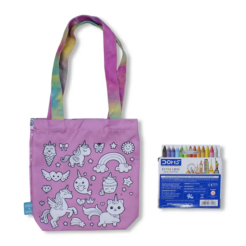 Unicorn Small Coloring Tote Bag with Extra Long Wax Crayons 12 Colours + 1 Silver