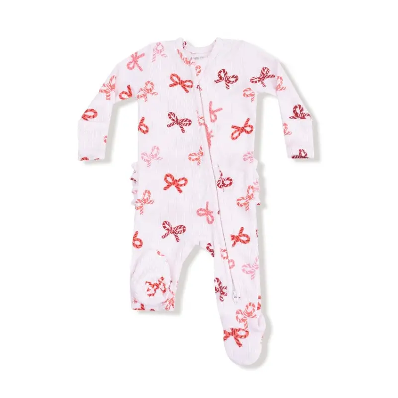 Two Way Ruffle Zipper Footie - Candy Cane Bows