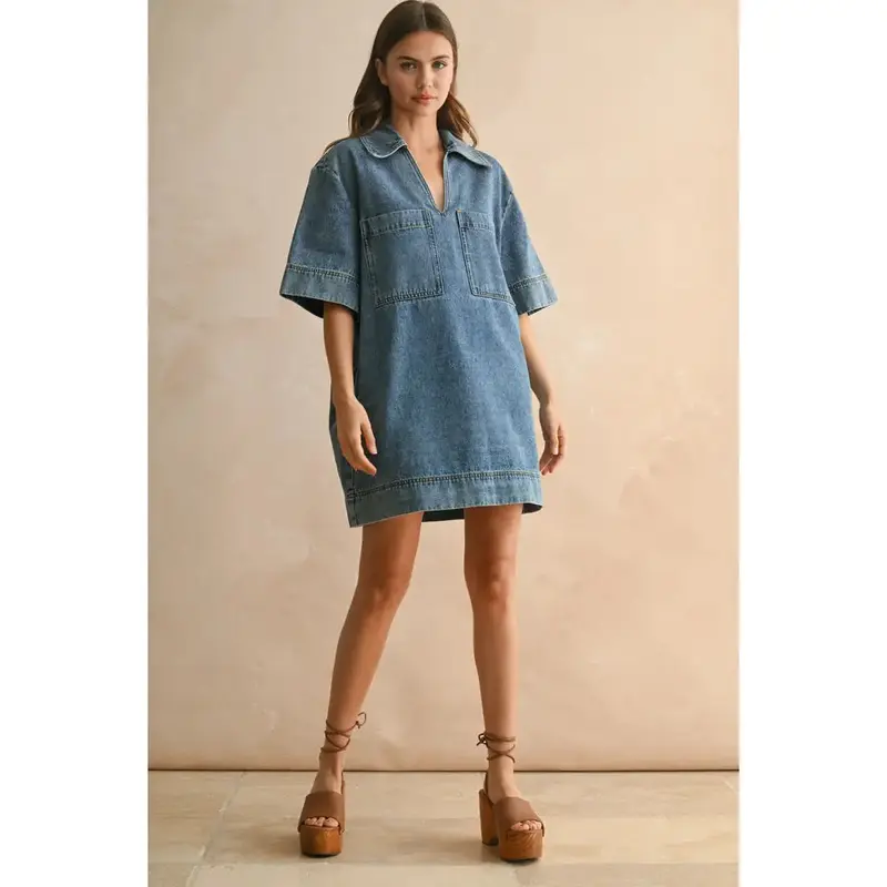 V-Neck Tunic Dress - Denim