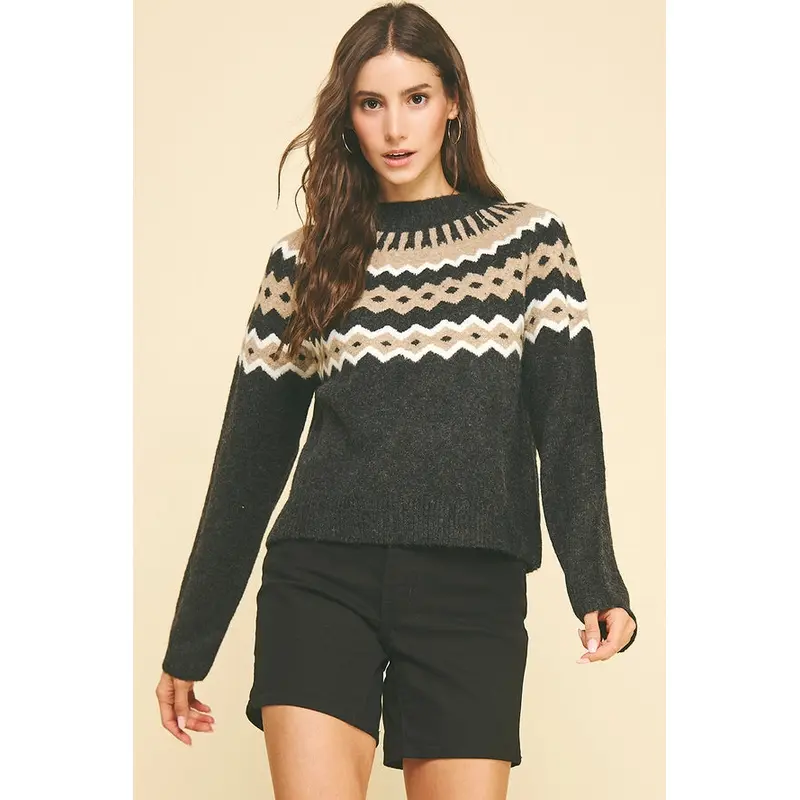 Vintage Geometric Pattern Sweater - Charcoal Multi