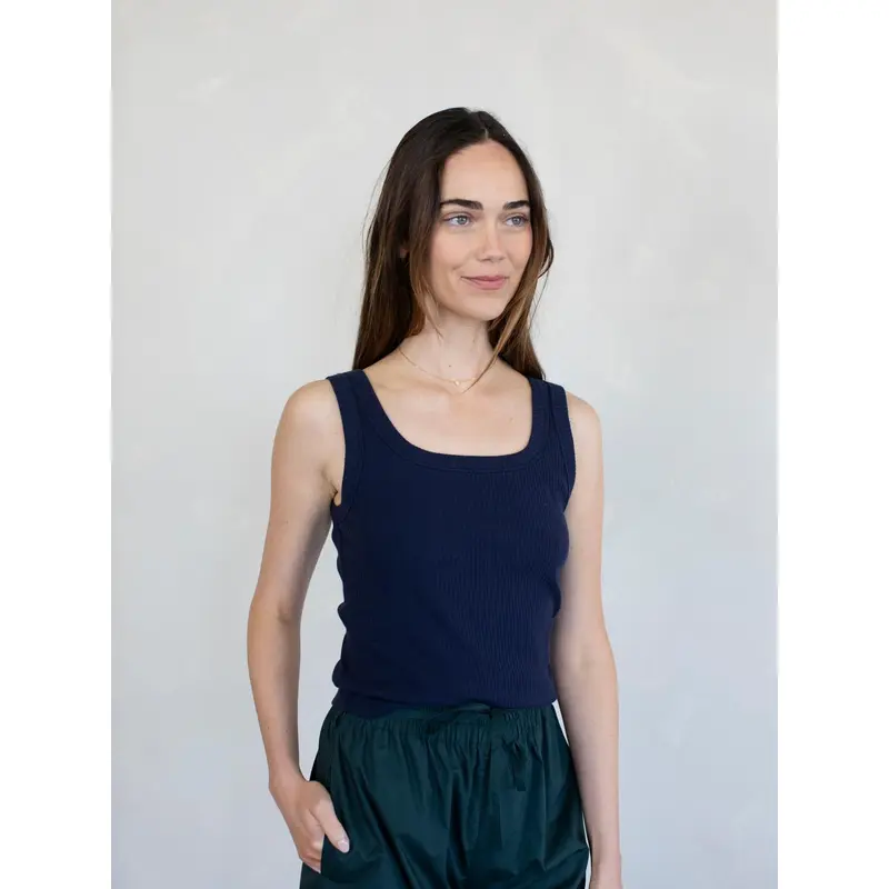 Scoop Neck Ribbed Tank - Navy