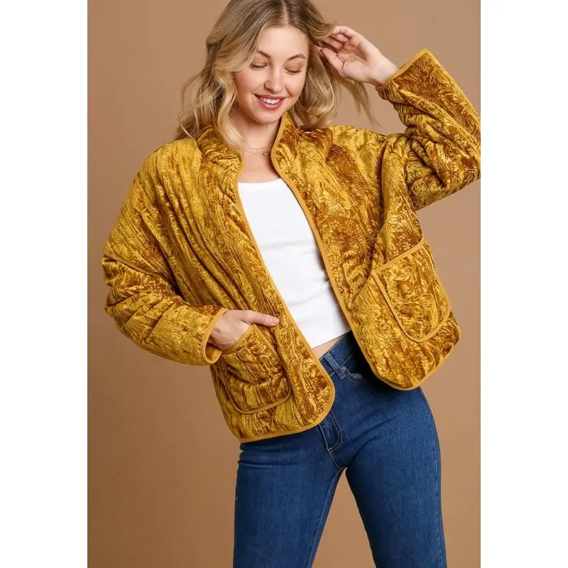 Velvet Open Front Jacket - Mustard
