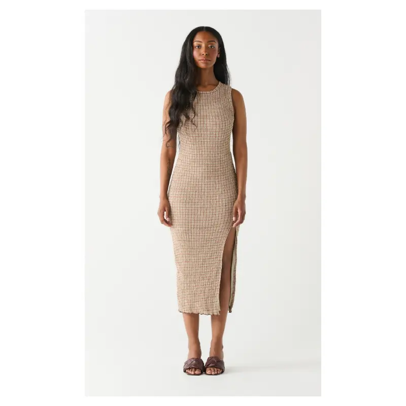 Side Slit Midi Dress - Neutral Check