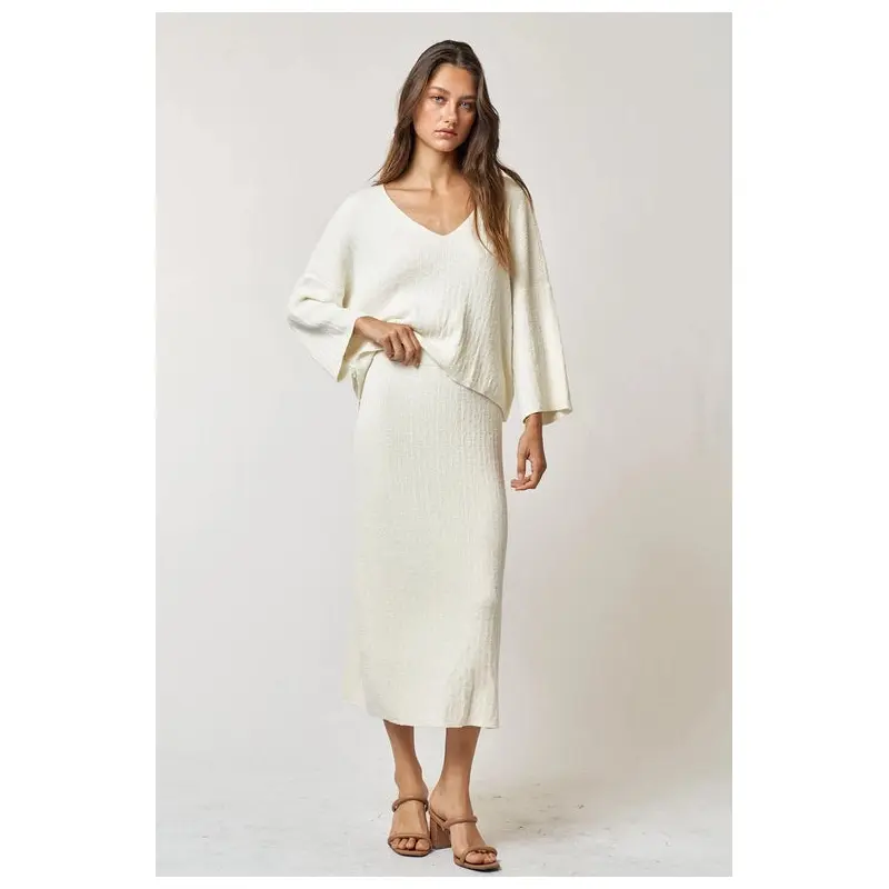 Thin Ribbed Long Sleeve Top + Skirt Set - Cream
