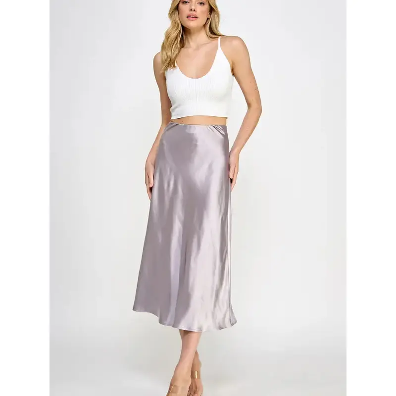 Satin Midi Woven Skirt - Silver