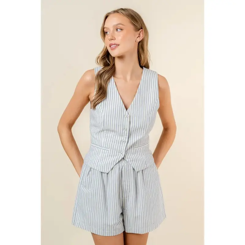 Striped V Neck Button Up Vest - White + Blue