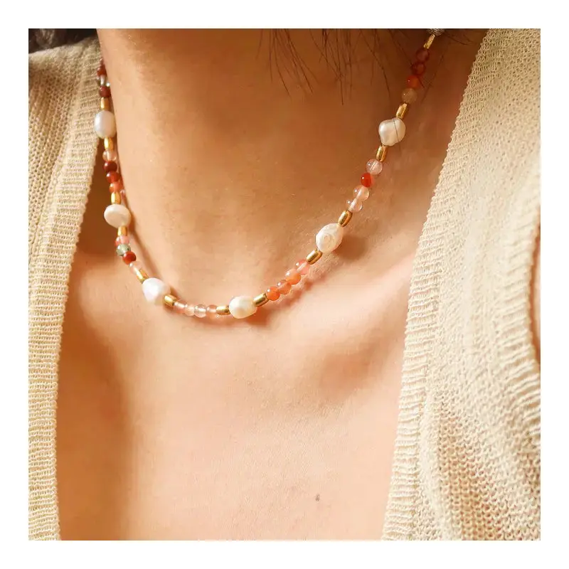 18K Non-Tarnish Bohemian Handmade Rose Pearl and Bead Necklace - Josephine-Rose
