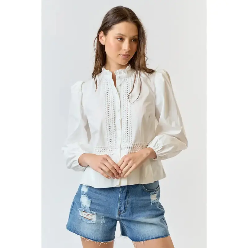 Ruffle Neck Puff Sleeve Button Down Blouse - White