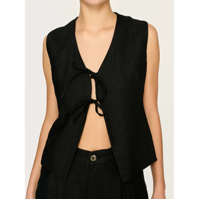Zia Tie Front Vest - Black Linen