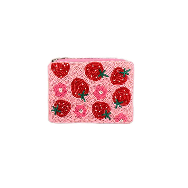 Strawberry Beaded Coin Pouch - Pink