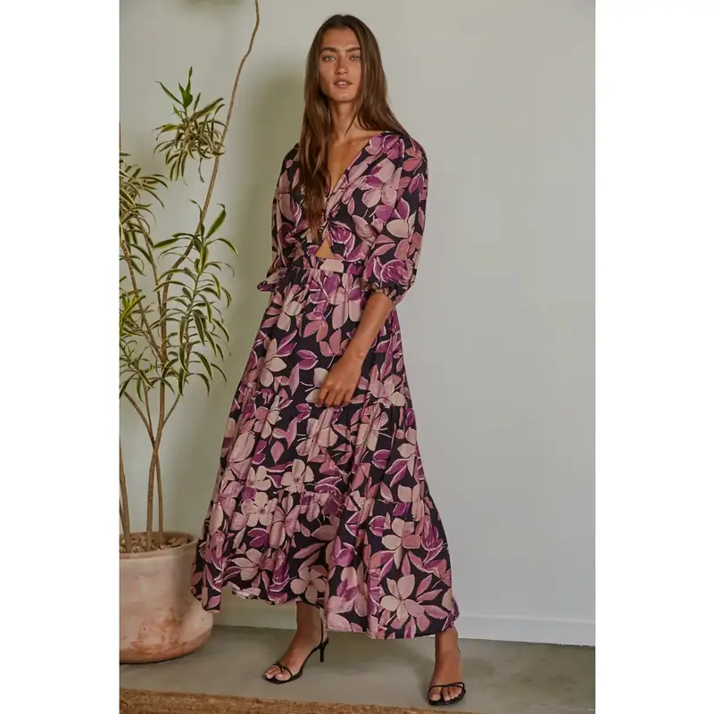 Woven Floral Tiered Midi Dress - Violet