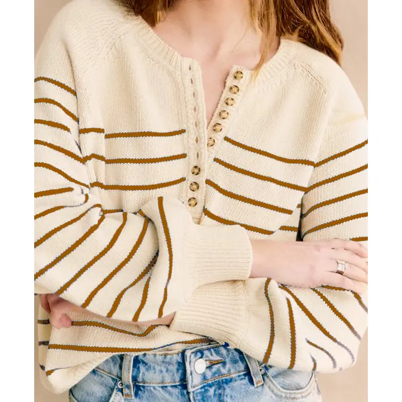 Striped Henley Sweater - Brown Stripe