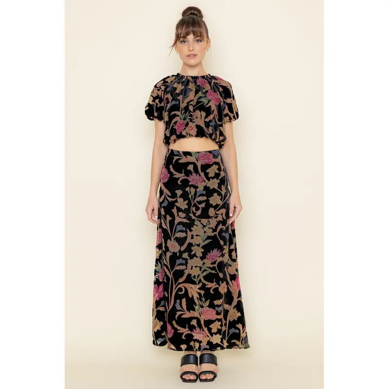Suede Floral Puff Sleeve & Maxi Skirt Set - Black Multi