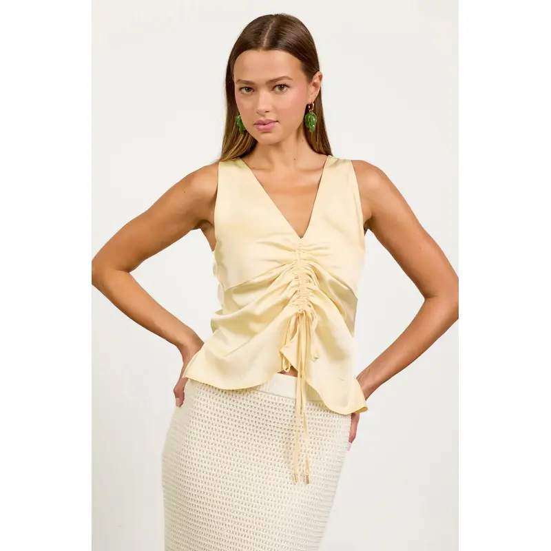 Satin Ruched Sleeveless Tank Top - Butter Yellow