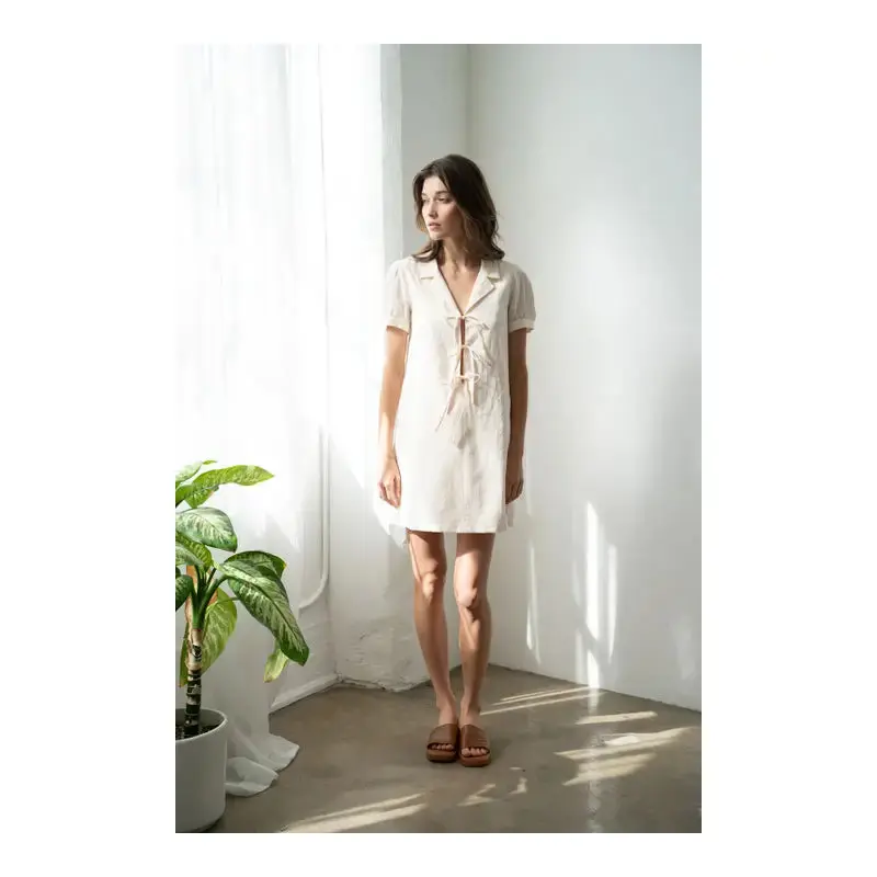 Tie-Front Collared Short Sleeve Mini Dress