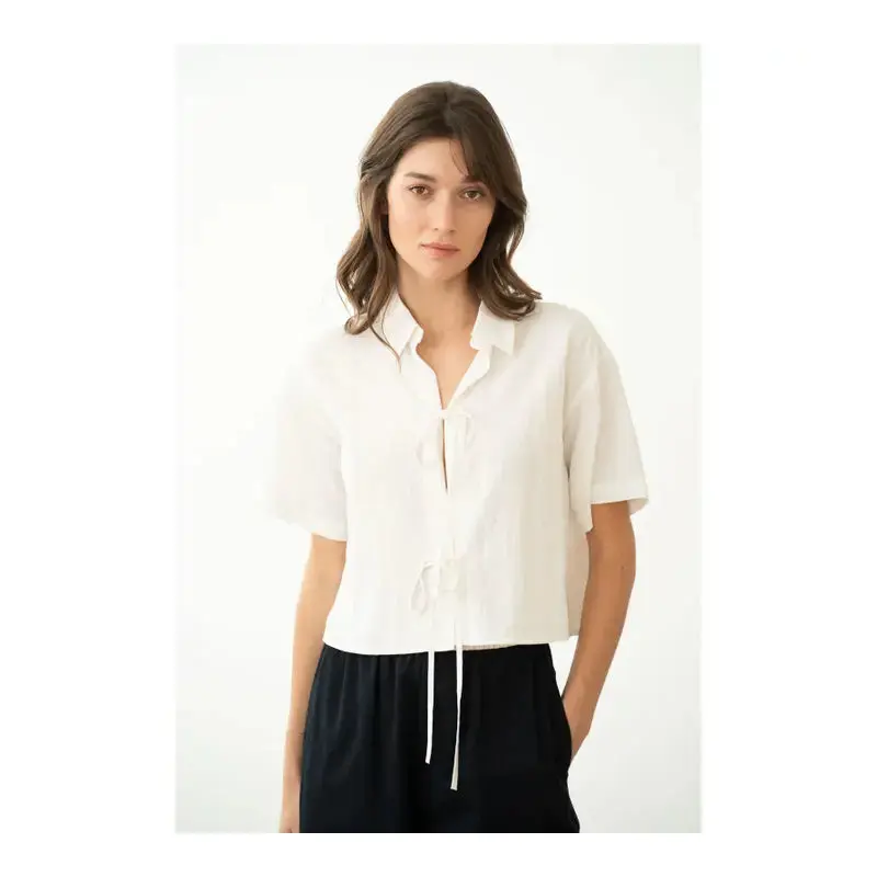 Tie-Front Short Sleeve Collared Shirt - White