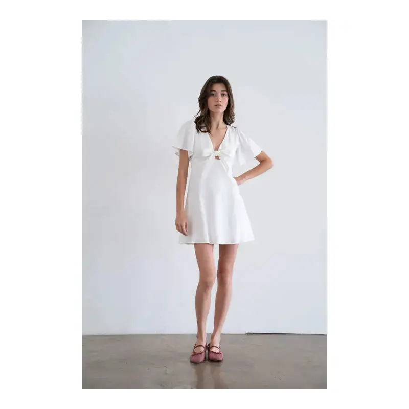 Tie-Front Short Sleeve Fitted Dress - White