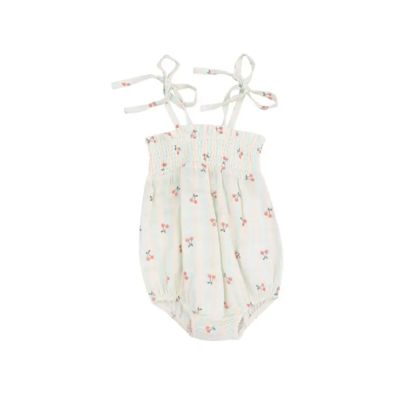 Tie Strap Smocked Bubble - Cherry Stripe